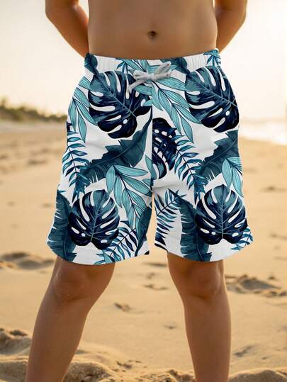 Tween Boys' Casual Loose Fit Printed Beach Shorts, Suitable For Summer, Beach, Outdoor, Swimming, Classic Stylish Palm Tree Graphic Print