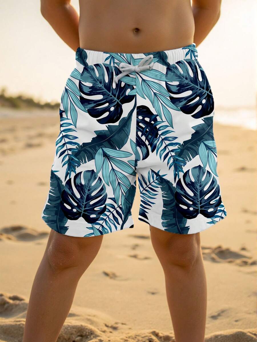 Bubblio Tween Boys' Casual Loose Fit Printed Beach Shorts, Suitable For Summer, Beach, Outdoor, Swimming, Classic Stylish Palm Tree Graphic Print - Multicolor - View 1