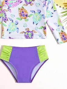 SHEIN Young Girl New Fashion Colorblock & Full Print Swimming Suit Set - Multicolor - View 7