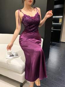 DAZY Women's Lace & Satin Patchwork Sequin Slip Dress Nightgown - Purple - View 5