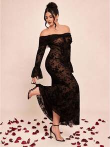 SHEIN BAE 大码女士露肩喇叭袖鱼尾连衣裙 - 黑色 - 查看 9