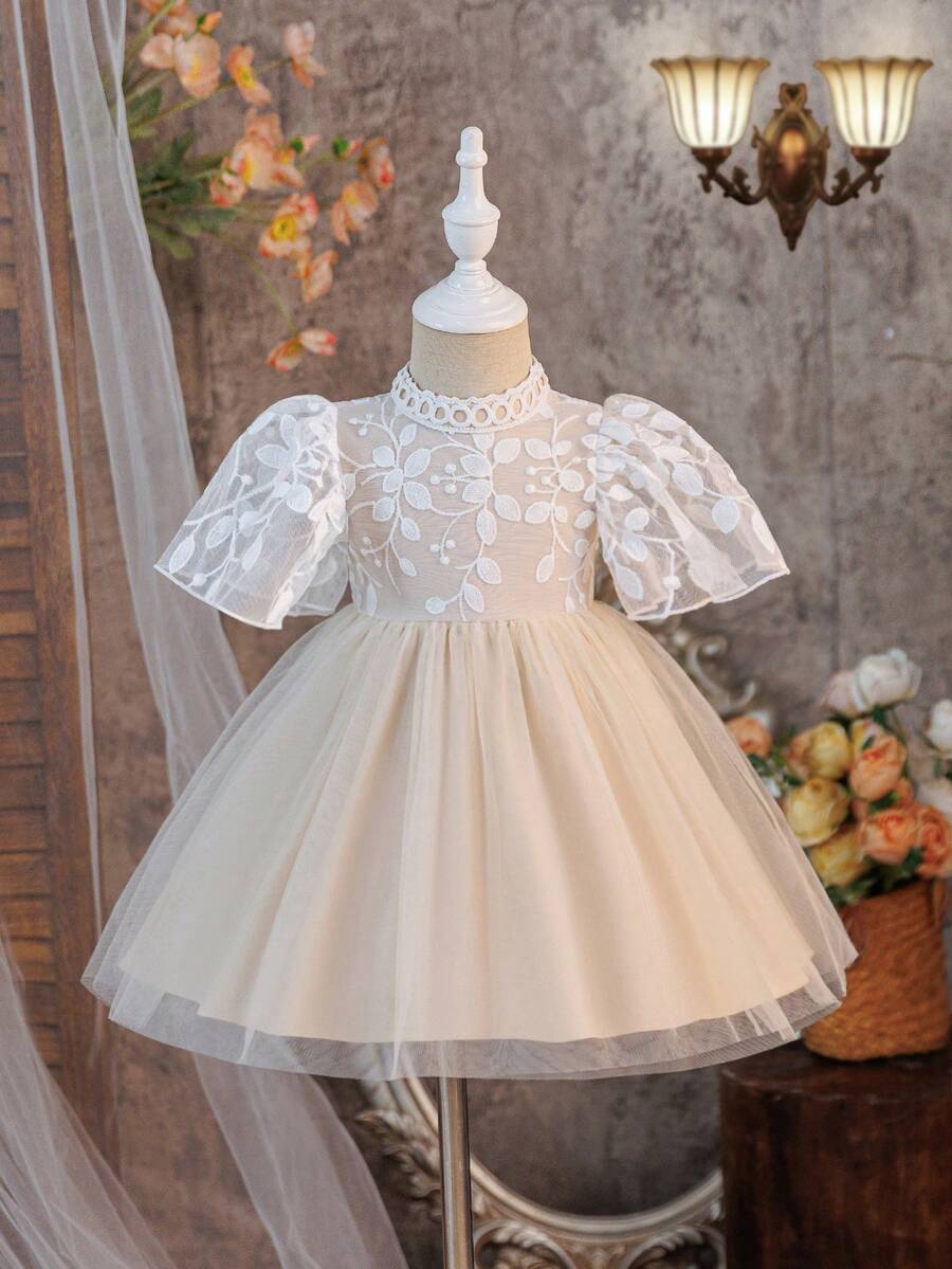 Cute Baby Girls Flared Long Dress With Puff Sleeves And Stand Collar Elegant Apricot Baby Dress - Apricot - View 1