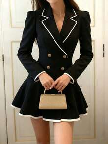 Glamine Women's Romantic Elegant Contrast Binding Lapel Collar Double-Breasted Waist Suit Jacket, Spring/Autumn - Black - View 4