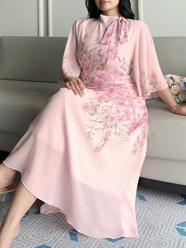 Dazy Plus Plus Size Women Elegant Floral Print Tie Neck Dress Sundress