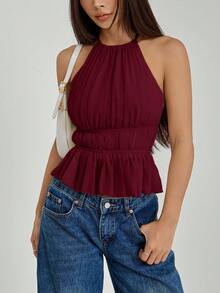 SHEIN PETITE Women's Pleated Halter Neckline Waist-Tied Backless Tank Top - Burgundy - View 10
