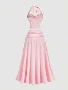 SHEIN MOD Setelan Wanita 2pcs/Set Atasan Halter Jacquard dan Rok Warna Pink Muda untuk Liburan Musim Panas Tropis - Berwarna merah muda - View 2
