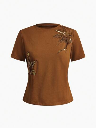 MOTF PREMIUM WOMEN'S SEQUINS EMBROIDERED FLORAL T-SHIRT