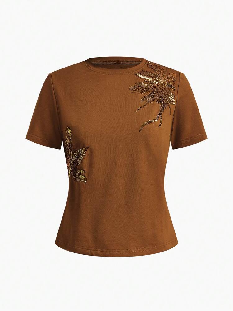WOMEN'S SEQUINS EMBROIDERED FLORAL T-SHIRT