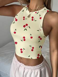 SHEIN EZwear 休闲简约圆领紧身女式背心，樱桃印花图案，适合夏季穿着 - 彩色 - 查看 7