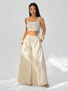 SHEIN PETITE New Spring/Summer Vacation Casual Fishbone Strap Top And Wide Leg Pants With Pockets 2 Pieces Textured Fabric Set - B - Apricot - View 7