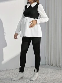 SHEIN Conjunto informal de 2 piezas con mangas largas de color contrastante y costuras para maternidad, nuevo de primavera y verano - Blanco y Negro - Ver 3