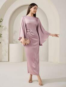 Veilorie Đầm dài ôm dáng, thanh lịch, tối giản, sang trọng dành cho nữ, thích hợp dự tiệc, dạ hội, với tay áo loe và điểm nhấn kim loại. - Hồng - Xem 6