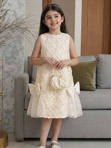 SHEIN Tween Girl Loose Elegant Round Neck Sleeveless Mesh Embroidered Fabric Bow Decor Ruffle Hem Dress Tween Girl - Apricot - View 3