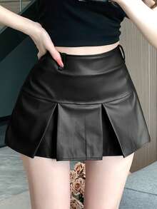 DAZY Women Solid Color Mini Pleated PU Skirt Fall Skirts Leather Skirts - Black - View 3