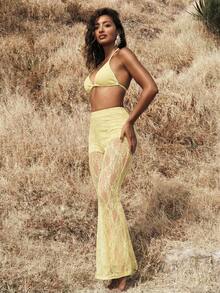 Opulessa 女士度假针织蕾丝高腰喇叭裤 - 淡黃色 - 查看 5