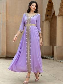 SHEIN Najma Layered Chiffon Elegant Lace Maxi Dress, Light Purple, Long Sleeve - Mauve Purple - View 6