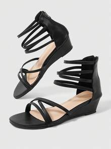 Sleekvia Women Shoes Summer Round Toe Black Stripe Simple Commuter Daily Versatile Occupation Comfortable Wedge Heel Women Sandals Women's Shoes - Black - View 3