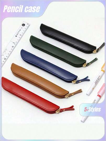 1pc Fashion Minimalist Leather Pencil Case, Soft & Skin-Friendly Leather Material, Vintage Student Stationery Pouch Multi-Functional Zipper Pencil Storage Bag,Back To School,School Supplies,Pencil Pouch,School Bag