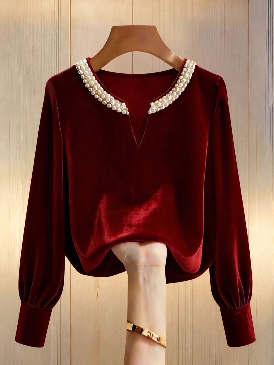 SHEIN LUNE Women's Velvet Burgundy Red Blouse,Autumn Elegant V-Neck Long-Sleeved Top With Pearl Embellishments,Relaxed Fit For Dining,Parties & Casual Commuting - Red - View 1