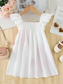 SHEIN 小女孩碎花印花短袖褶皱可爱连衣裙 - 白色 - 查看 4