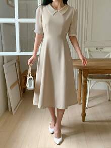 DAZY Women's Collared Fitted Waist Midi Dress, Suitable For Commuting Sundress - Khaki - View 4