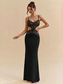 SHEIN BAE Women's Solid Black Lace Patchwork Dress, Elegant Dress, Vacation Dress, Beach Vacation Dress, Date Dress, Extra Long Dress, Black Dress - Black - View 3