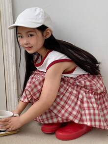 DAZY Young Girl Summer Letter Graphic Plaid Ruffle Hem Sleeveless Casual Dress - Multicolor - View 1