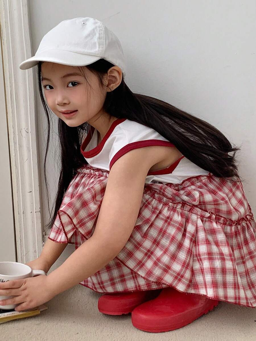 DAZY Young Girl Summer Letter Graphic Plaid Ruffle Hem Sleeveless Casual Dress - Multicolor - View 1