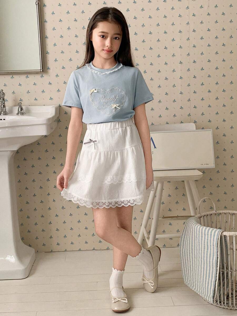 DAZY Girls Embroidered Round Neck Knit Short Sleeve T-Shirt And Skirt 2-Piece Set, Tween Girl Fall Outfit - Blue - View 1