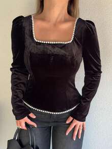 Jeta Ari 女士丝绒方领长袖上衣，优雅泡泡袖设计，适合假日和晚宴穿着，饰有仿珍珠，黑色丝绒方领，假日外出上衣 - 黑色 - 查看 3