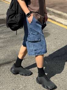 DAZY 男士蓝色水洗做旧松紧腰带口袋设计牛仔短裤，夏季 - 藍色 - 查看 5