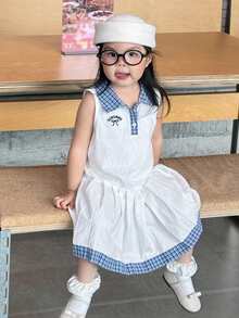 DAZY 女婴翻领格子韩版无袖英文印花休闲夏季连衣裙 - 白色 - 查看 4