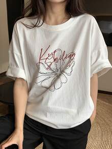 DAZY 女士甜美线条花卉印花短袖T恤，宽松版型，百搭白色纯棉休闲上衣，印花T恤，女款加大码 - 白色 - 查看 4