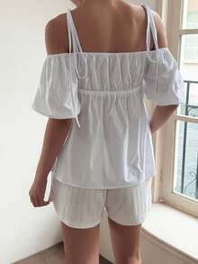 Livesso Áo sơ mi nữ màu trắng bằng cotton, tay phồng, eo thon, thích hợp cho kỳ nghỉ hè. - trắng - Xem 2