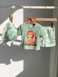 SHEIN 3件套可爱狮子印花短袖T恤和短裤套装，男女宝宝春夏通用服装 - 綠色 - 查看 8