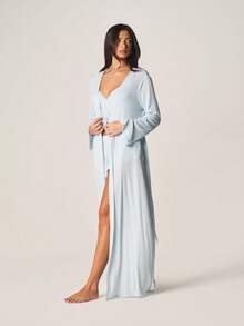MISSGUIDED Áo choàng dài tay màu xanh nhạt chấm bi, cổ chữ V và thắt lưng buộc, thích hợp mặc ở nhà. - Màu xanh nhạt - Xem 3