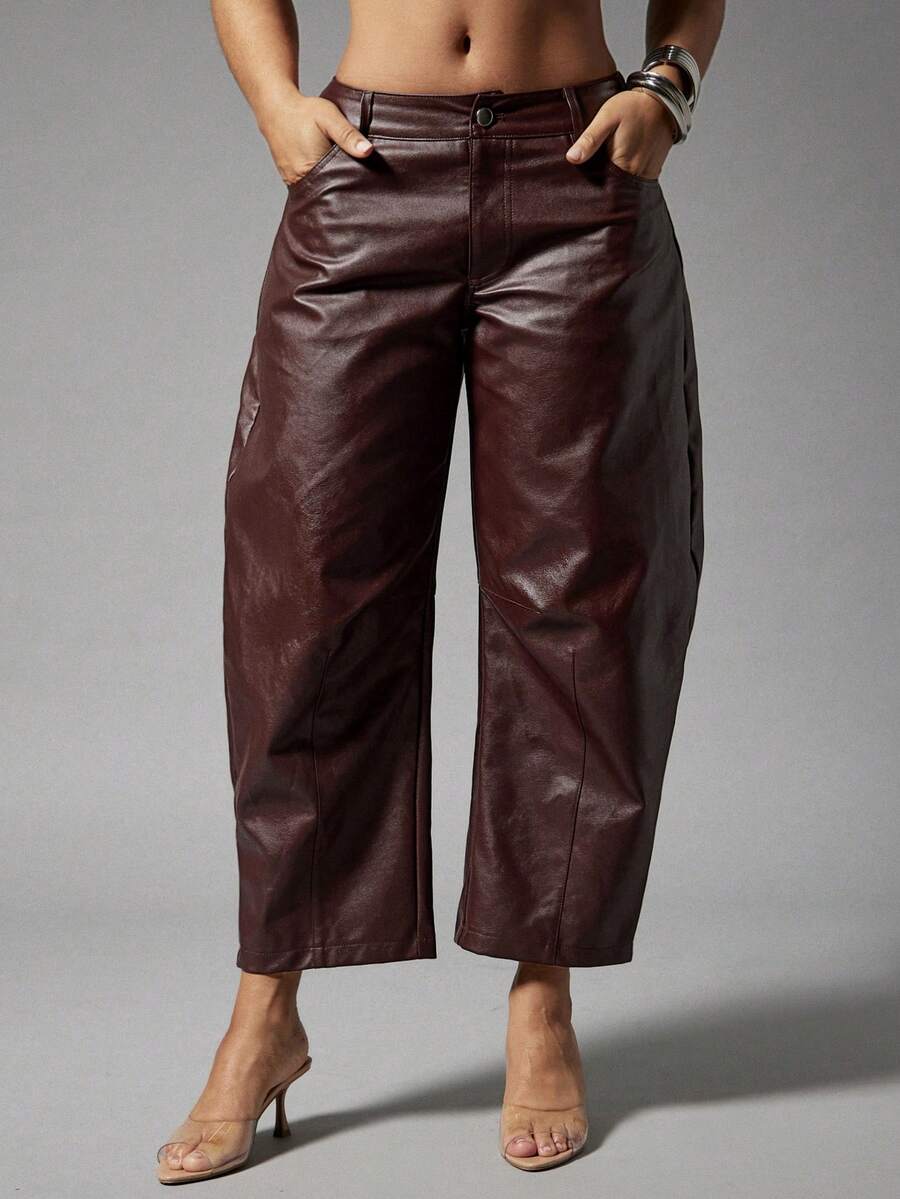 Denimoi 秋冬季时尚桶形仿皮裤，适合闺蜜约会之夜。 - 酒紅色 - 查看 1