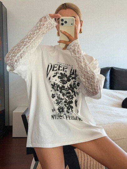 Livesso T-shirt décontracté ample pour femmes avec imprimé lettres et garniture en dentelle contrastée, idéal pour les vacances, printemps/été