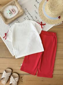 SHEIN 2pcs/Set Baby Girl Casual Street Style Black T-Shirt And Pants Set - Red - View 2