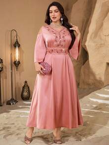 Al Najma Robe élégante à sequins ajourée pour femmes grandes tailles, printemps/été - Corail - Voir 5