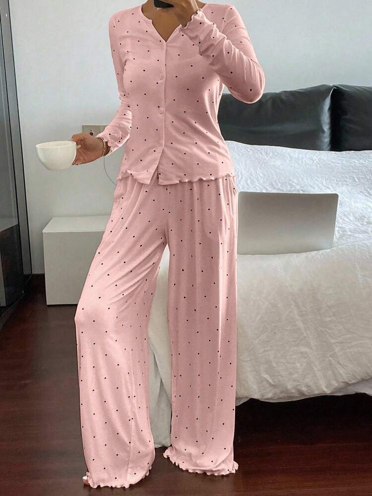2pcs Polka Dot Print Cardigan Long Sleeve & Straight Leg Pants Women Pajama Set, Spring