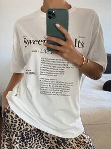 DAZY 女士夏季圆领短袖字母印花宽松休闲街头T恤 - 白色 - 查看 4