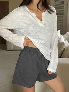 DAZY Women's Minimalist V-Neck T-Shirt And Shorts Pajama Set - White - View 4