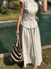 Livesso 白色无袖高领露脐上衣和休闲半裙两件套，适合办公室、通勤、度假、派对、夏季穿着。 - 白色 - 查看 6