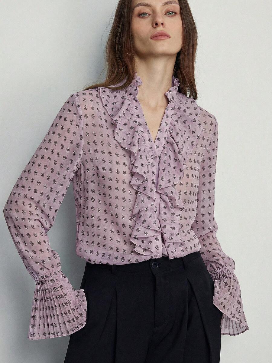Aveloria Modichic Elegant Oversized Paisley & Cashew Flower Print Chiffon Layered Ruffle Collar Front Button Blouse, Vintage Style For Women - Purple - View 1