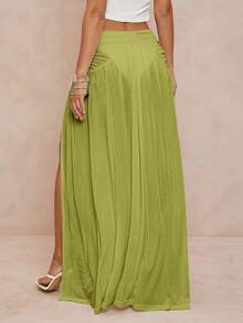 Lumalex 女士夏季性感沙滩度假风纯色倒V领褶皱高开衩裙 - 綠色 - 查看 2