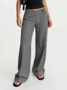SHEIN SXY 女士条纹腰部纽扣设计直筒休闲裤 - 彩色 - 查看 3