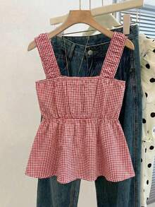 Resyla 2026 New Arrival Women's Red Gingham Plaid Cami Top, Aesthetic Ruched Front Peplum Hem Sleeveless Blouse, Y2K Cute Ruffle Trim Slim Fit Flowy Summer Tank Top For Daily Wear Vacation Beach Streetwear - Multicolor - View 2