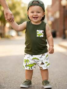 SHEIN 2pcs/Set Baby Boy Casual Cartoon Dinosaur Print Vest Top And White Printed Shorts Set, Suitable For Outings In Summer - Multicolor - View 1