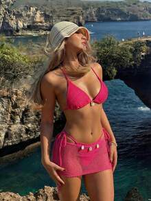 Swim Mod 3pcs Women's Solid Color Swimsuit Set For Beach/Vacation - Hot Pink - View 2